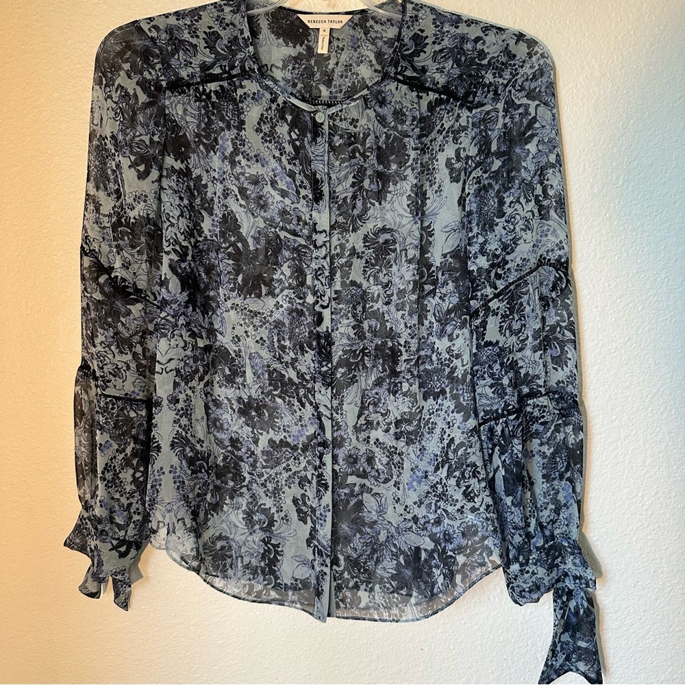 Rebecca Taylor Silk Sheer Floral Long Bow Tie Sleeves Blue Workwear Boss 8 NWOT